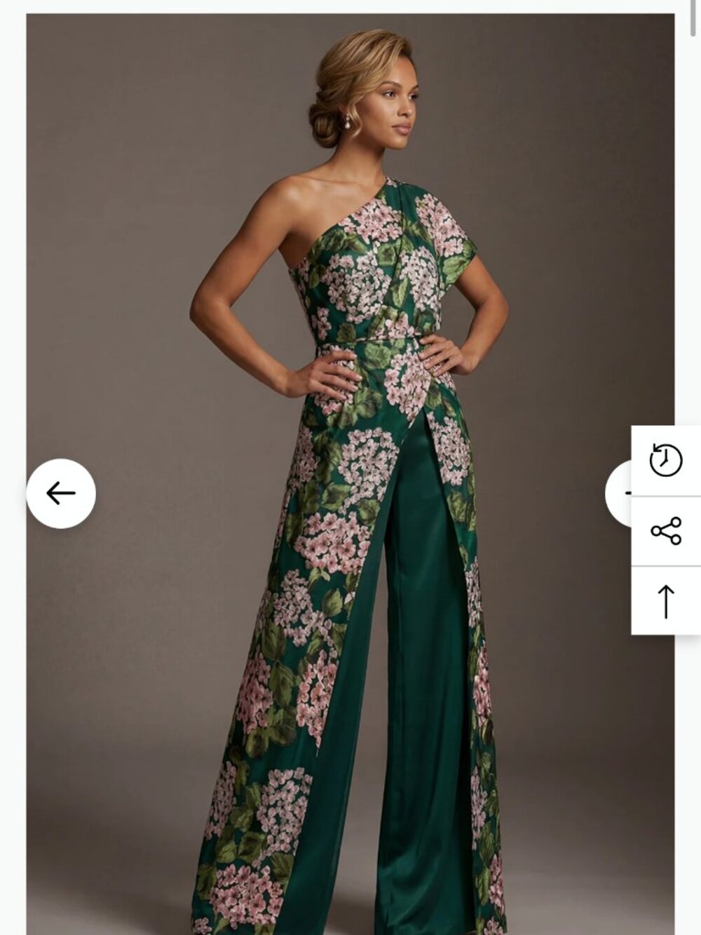 Dark Green Floral One Shoulder Long Mother of the Bride Jumpsuits with Pockets